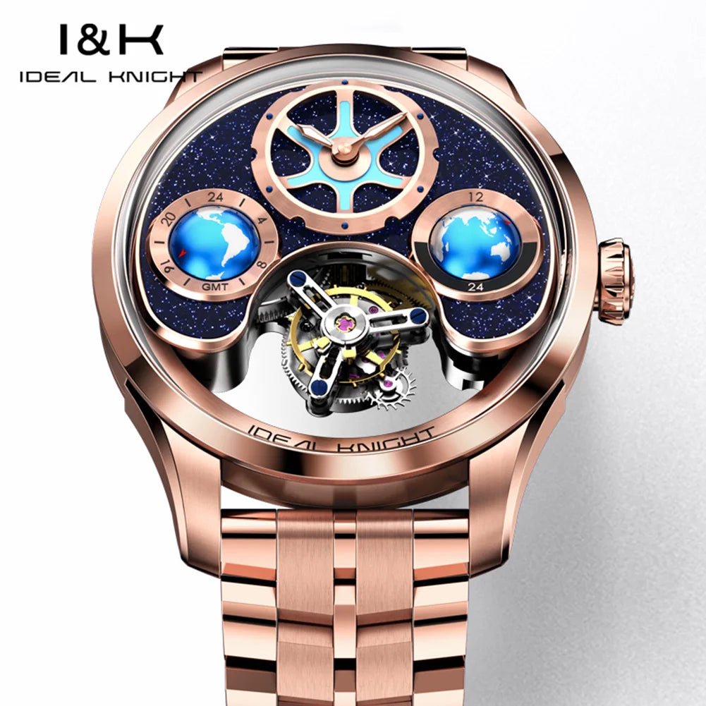 IDEAL KNIGHT 6808 Original Mechanical Watch For Men Top Brand 43mm Big Dial Flywheel Skeleton Hand Clock Business Man Watch Set