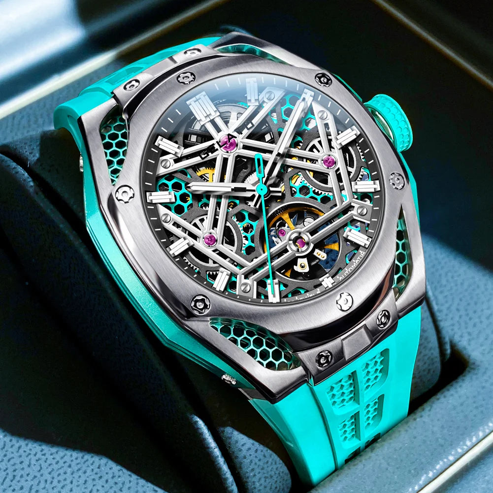 GELATU NEW Skeleton Tourbillon Watch For Men 5ATM Waterproof Luxury Sky Blue Automatic Mechanical Watches Mens Reloj Hombre