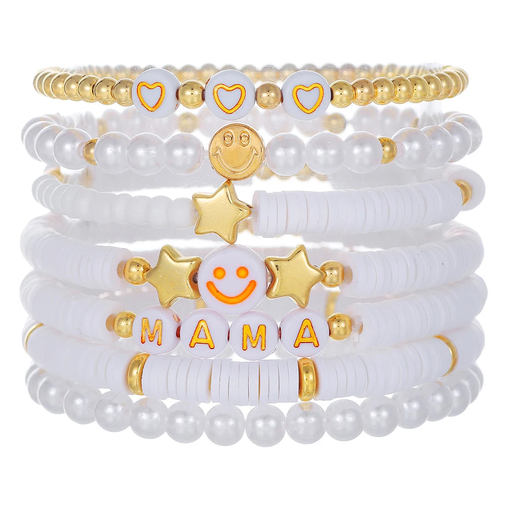 New In Simple Colorful Polymer Clay Smiling Face Love Pearl Bracelet Set Emotional Bracelet for women scene vintage jewelery