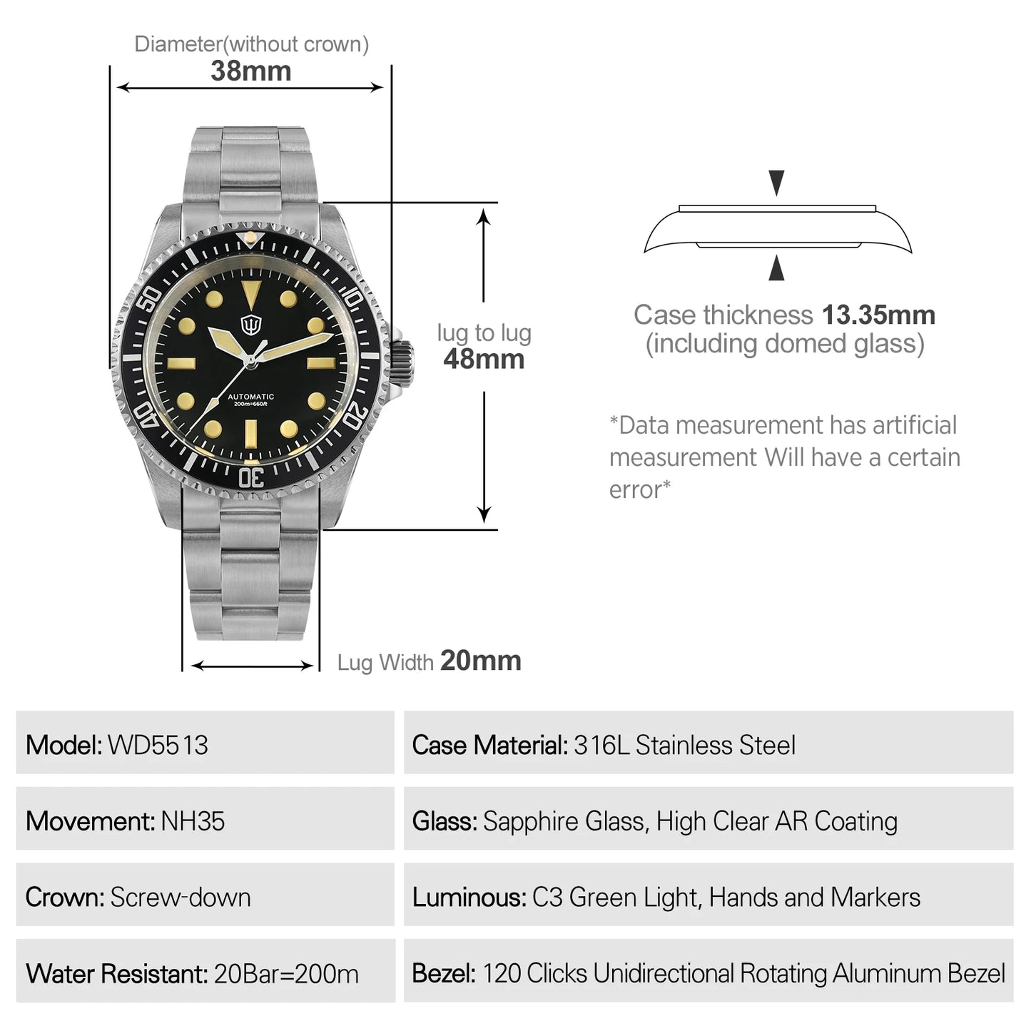 Watchdives WD5513 V2 Watch NH35 Automatic Movement Sapphire Crystal 20Bar Waterproof C3 Luminous 38mm Sub Vintage Watches
