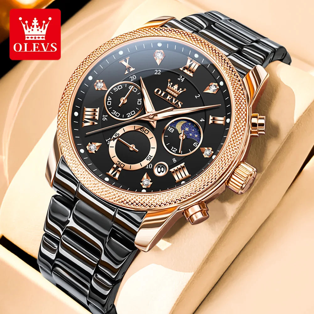 OLEVS 3660 Men's Watch Trendy Leather Strap Moon Phase Chronograph Luminous Waterproof Original Quartz Watch for Man Wristwatch