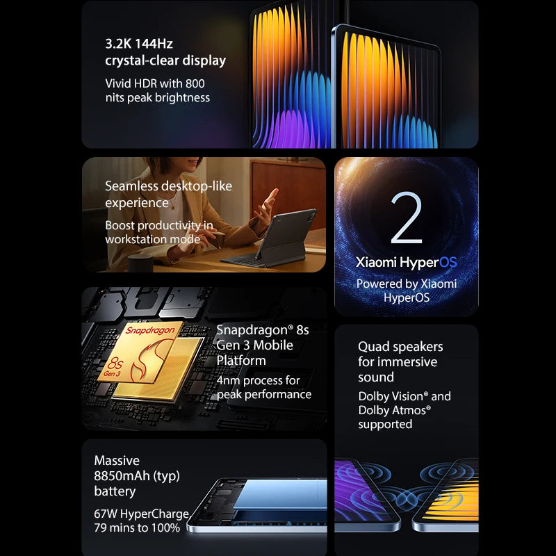 Global Version Xiaomi Pad 7 Pro Snapdragon 8s Gen 3 Mi Tablet 11.2" 3.2K 144Hz Display Adreno GPU 67W HyperCharge 8850mAh