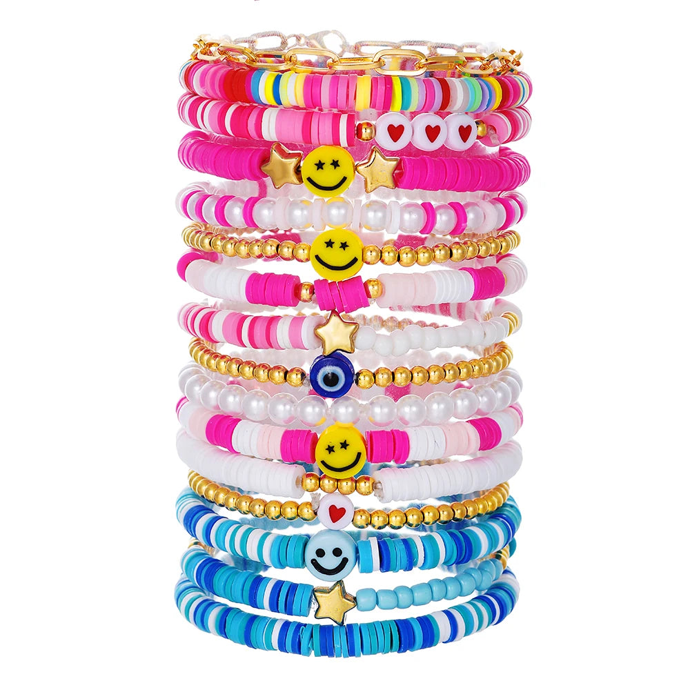 New In Simple Colorful Polymer Clay Smiling Face Love Pearl Bracelet Set Emotional Bracelet for women scene vintage jewelery
