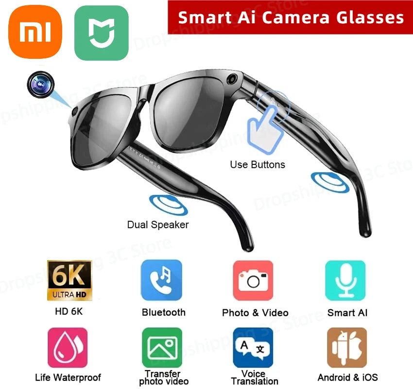 XIAOMI Ai Smart Glasses Camera 6K HD Mini Camera Bluetooth Call Voice Assistant Control Smart Sports Wearable Camera Glasses