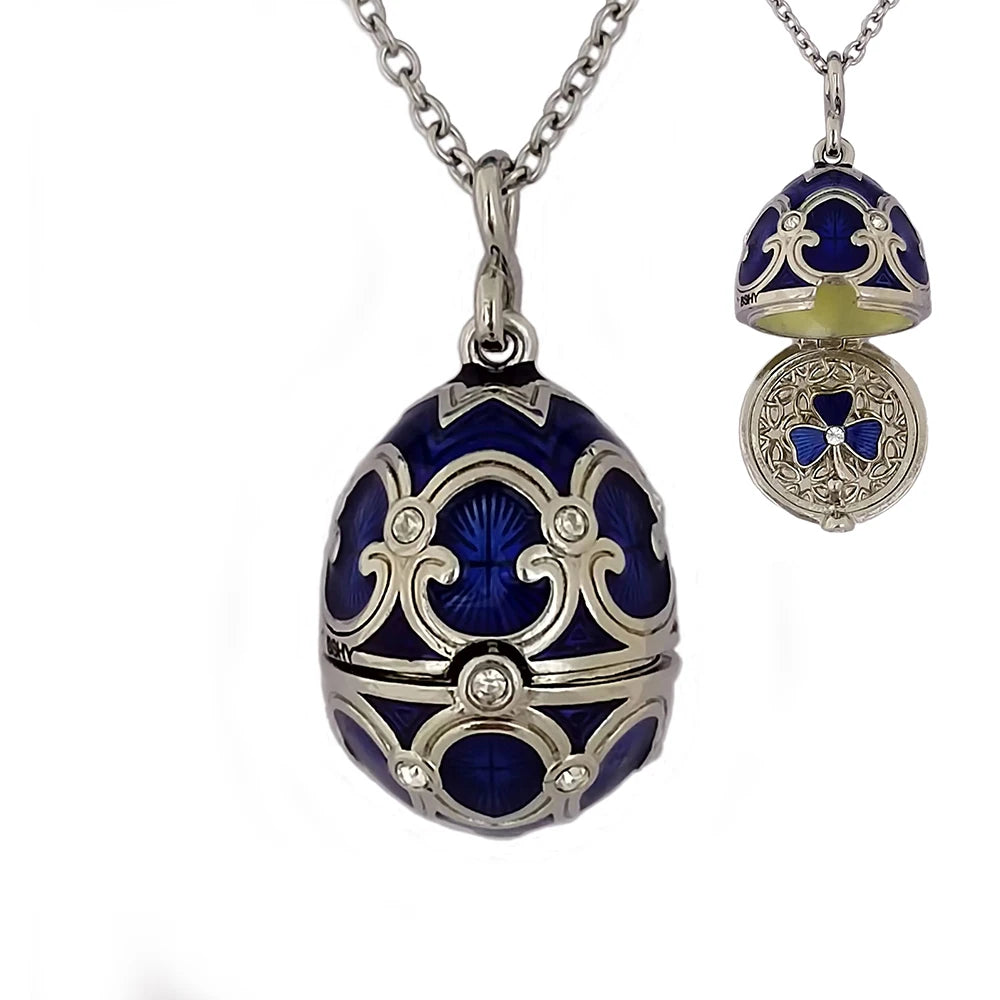 Enamel Handmade Faberge Easter Egg Pendant Necklace Jewelry Locket Brass Vintage Crystal Clover Inside Gift To Women Girls