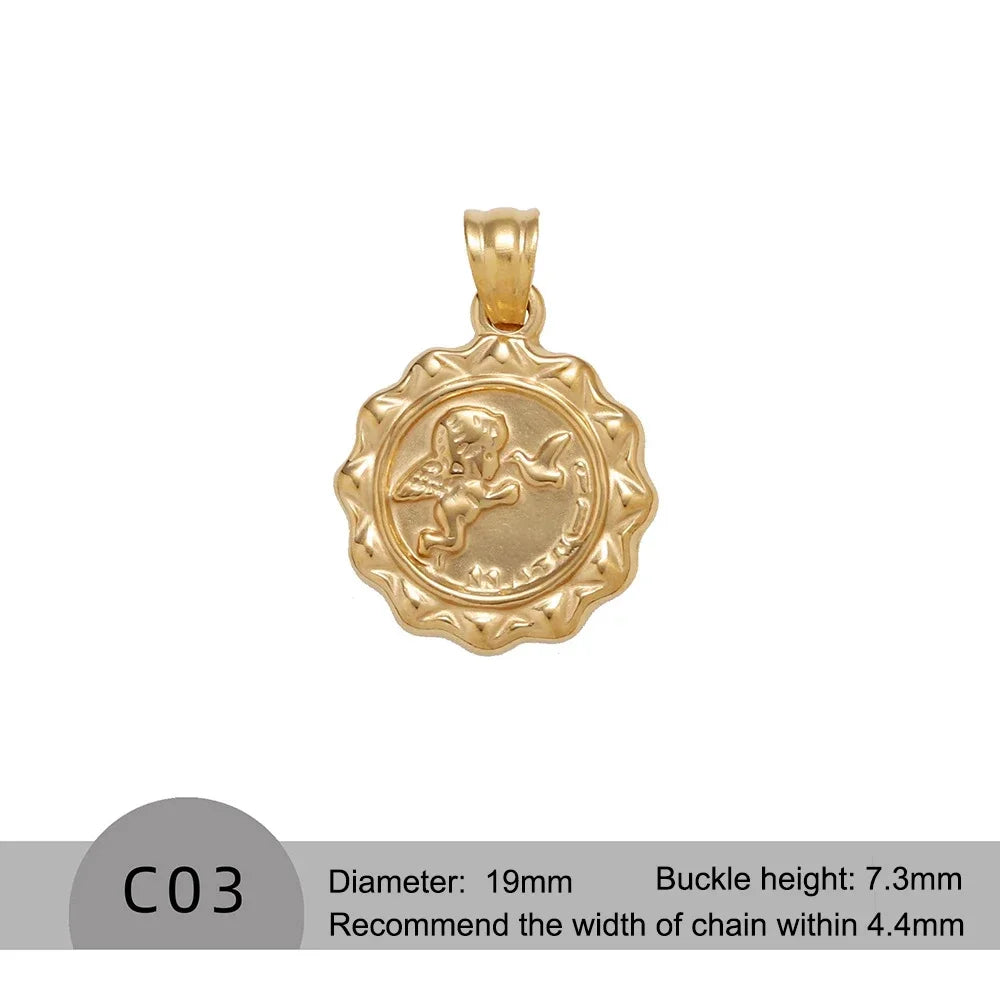 RHYOSNG Vintage Jewelery Stainless Steel 18K PVD Plated Golden Charm Round Portrait Key Moon Only Pendant For Women DIY Necklace