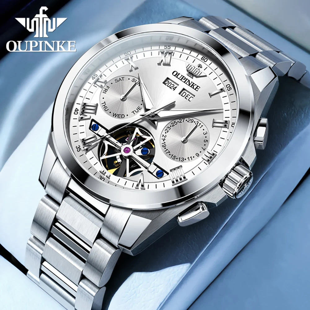 OUPINKE 3281 Top Luxury Mens Watch Sapphire Flywheel Automatic Mechanical Watch For Man 50M Waterproof Calendar Week Gifts Reloj
