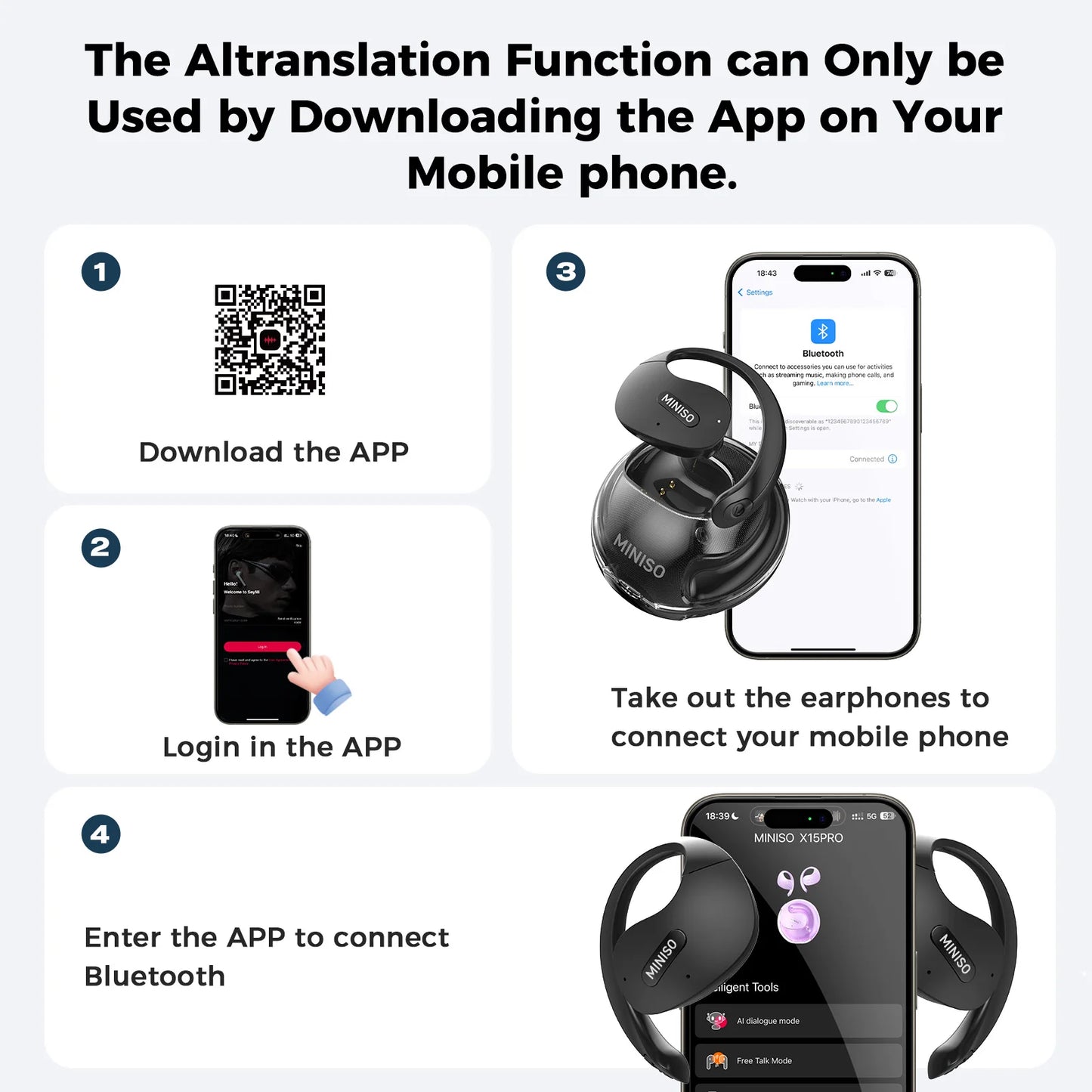MINISO X15pro AI Translator Earbuds Bluetooth Earphones X15 Pro Sports Wireless Headphones Waterproof HD Call Earphones with Mic
