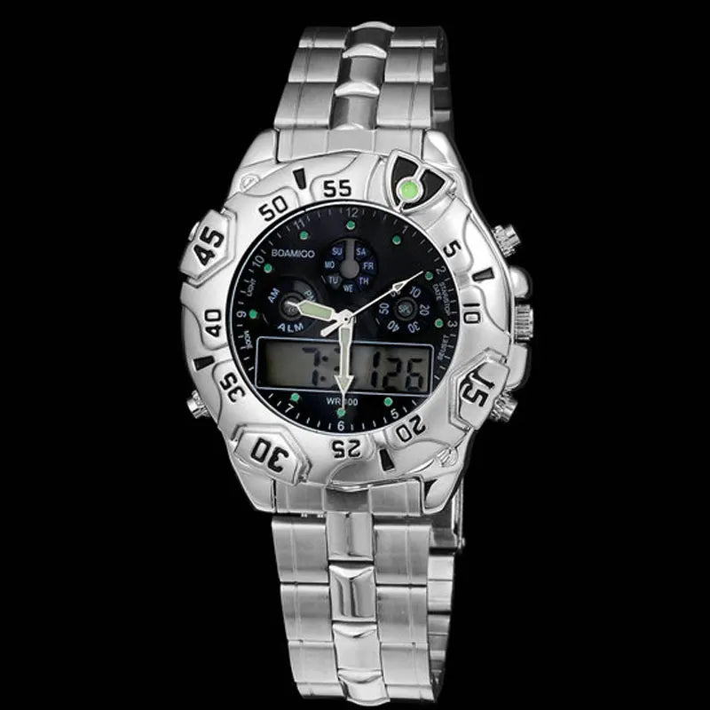 men sport watches military steel digital watch Luminous hand quartz watch 2017 BOAMIGO silver gift 30m waterproof wristwatches