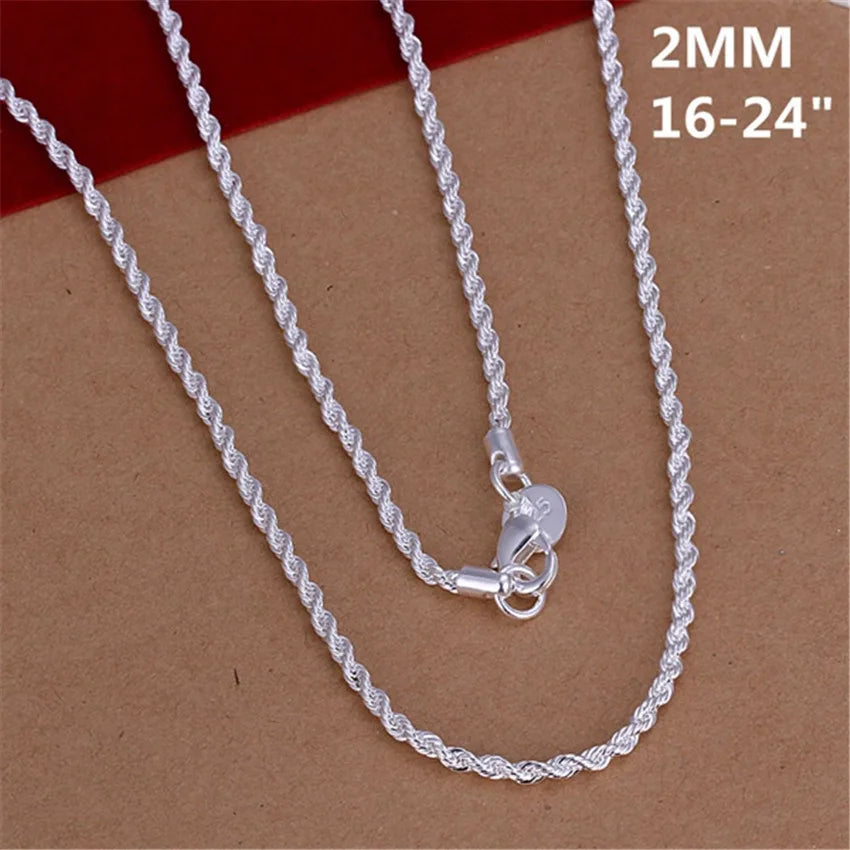 16-30 inches Beautiful Fashion Elegant 925 Sterling Silver Women Men 2mm Chain Cute Rope Necklace Can For Pendant