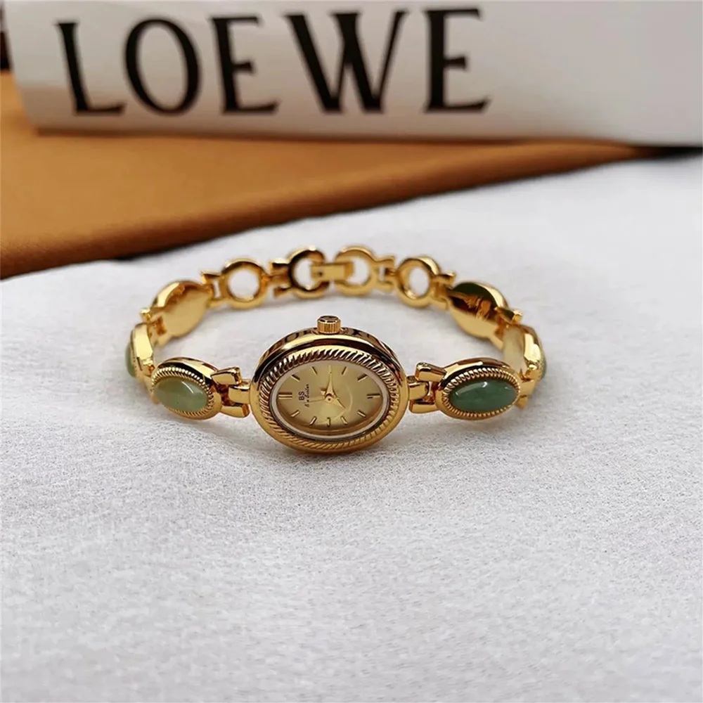 Watches For Woman Elegant Vintage Natural Dongling Stone Bracelet Ladies Small Dial Oval Quartz Dress Watch