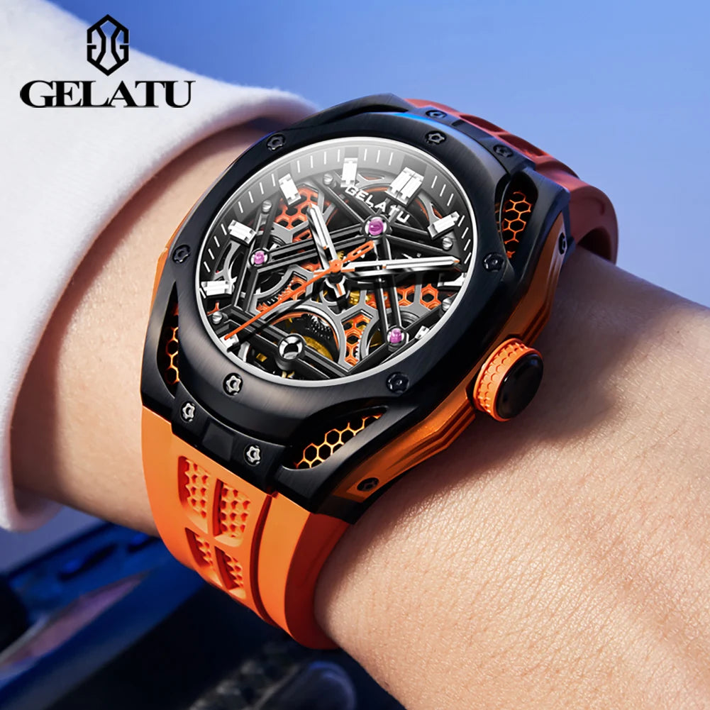 GELATU NEW Skeleton Tourbillon Watch For Men 5ATM Waterproof Luxury Sky Blue Automatic Mechanical Watches Mens Reloj Hombre