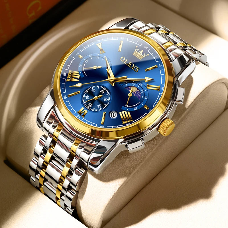 OLEVS Brand Original certification Men's Watches Moon Phase Waterproof Quartz Watch for Man Chronograph Calendar Fashion Watch