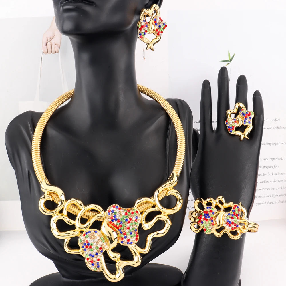 Dubai Gold Plated Jewelry Set Necklace Earrings Ring Bracelet Non-fading Jewelry Set Gift Luxury Wedding Jewelry Gift