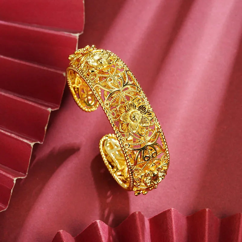 Luxury 24K 9999 Pure Gold real gold Women's Bracelet National Fashion Hollow Flower Opening Bracelet