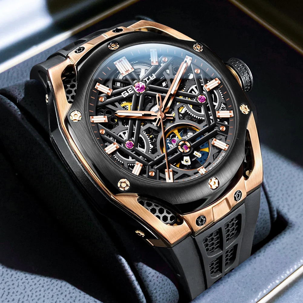 GELATU NEW Skeleton Tourbillon Watch For Men 5ATM Waterproof Luxury Sky Blue Automatic Mechanical Watches Mens Reloj Hombre