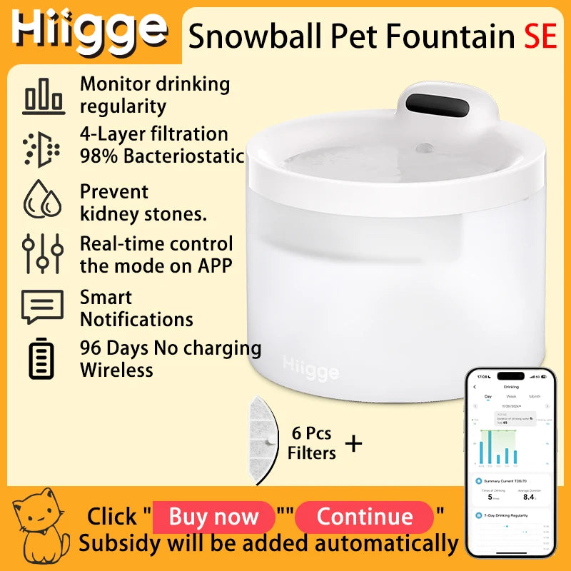 Hiigge Cat Water Fountain SE 70mai Wireless Automatic Pet Drinker for Dog Cats Water Dispenser with data analysis