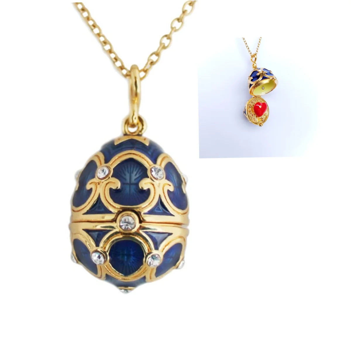 Enamel Handmade Faberge Easter Egg Pendant Necklace Jewelry Locket Brass Vintage Crystal Clover Inside Gift To Women Girls
