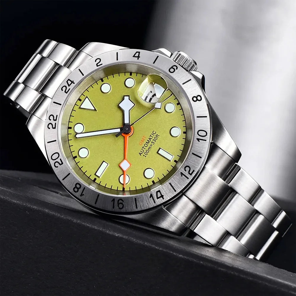 NH34A Watch Waterproof Field Automatic Mechanical Wristwatch Men Orange GMT Hand Master 24 Hours Sapphire Glass Glide Lock