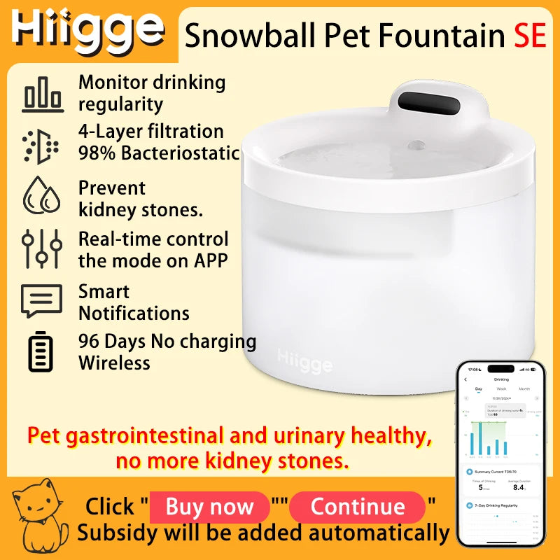Hiigge Cat Water Fountain SE 70mai Wireless Automatic Pet Drinker for Dog Cats Water Dispenser with data analysis