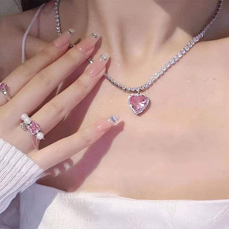 Sweet Kpop Colored Zircon Square Rhinestone Pendant Necklace For Women Y2K Korean Fashion Hoop Metal Choker Collar Jewelry Gift