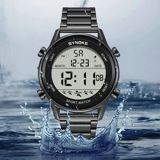 SYNOKE Top Luxury Stainless Steel Strap Sport Watches Mens Waterproof Back Light Digital Wristwatch Male Alarm
