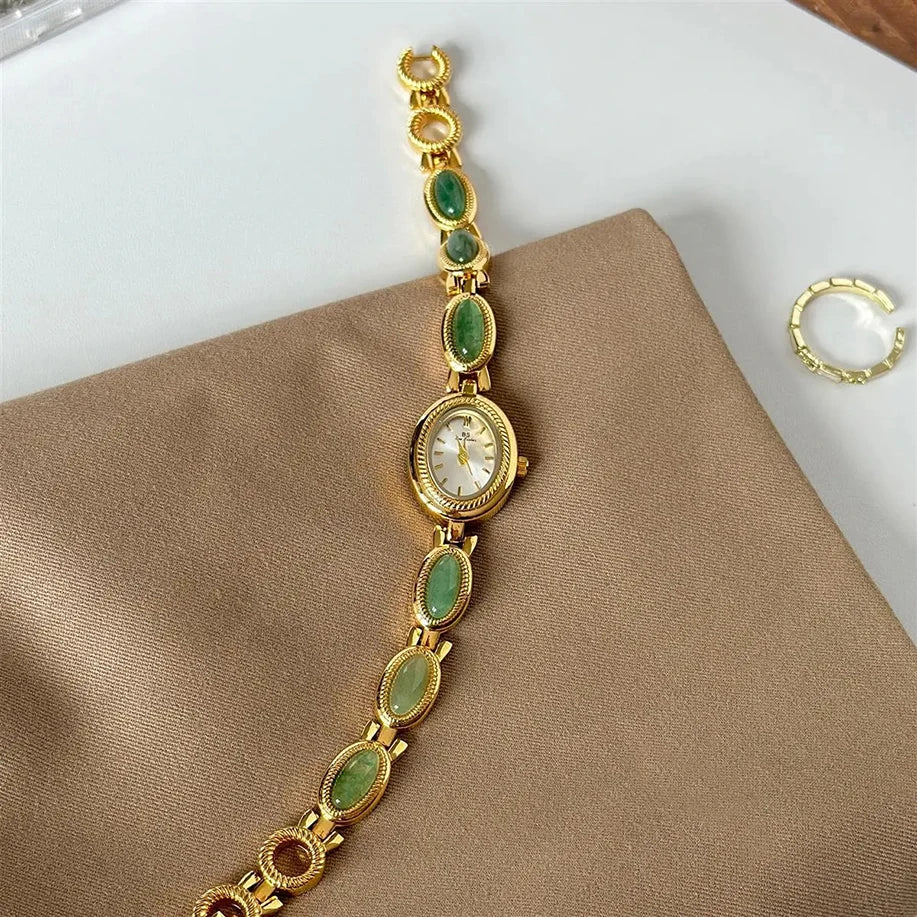 Watches For Woman Elegant Vintage Natural Dongling Stone Bracelet Ladies Small Dial Oval Quartz Dress Watch