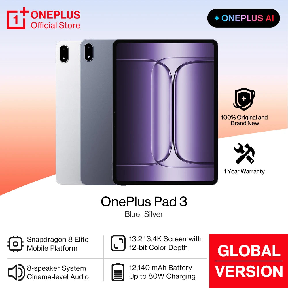 All New OnePlus Pad 3 Global Version Tablet Snapdragon 8 Elite 13.2" 144Hz Display 3.4K Resolution 8 Speakers Wi-Fi 7 Android 15