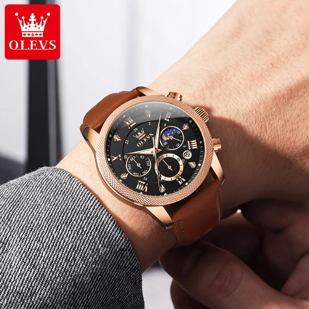 OLEVS 3660 Men's Watch Trendy Leather Strap Moon Phase Chronograph Luminous Waterproof Original Quartz Watch for Man Wristwatch
