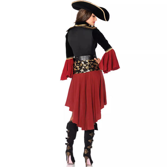 Halloween costume, makeup ball, red pirate cosplay, Captain Jack, adult female, Caribbean pirate performance costume