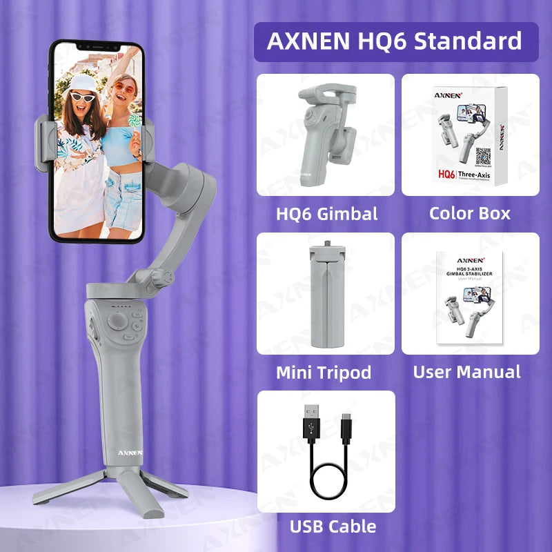 3 Axis Handheld Gimbal Stabilizer for Smartphone with Fill Light for iPhone Android Face Tracking Tiktok Vlog Smart Gimbals HQ6