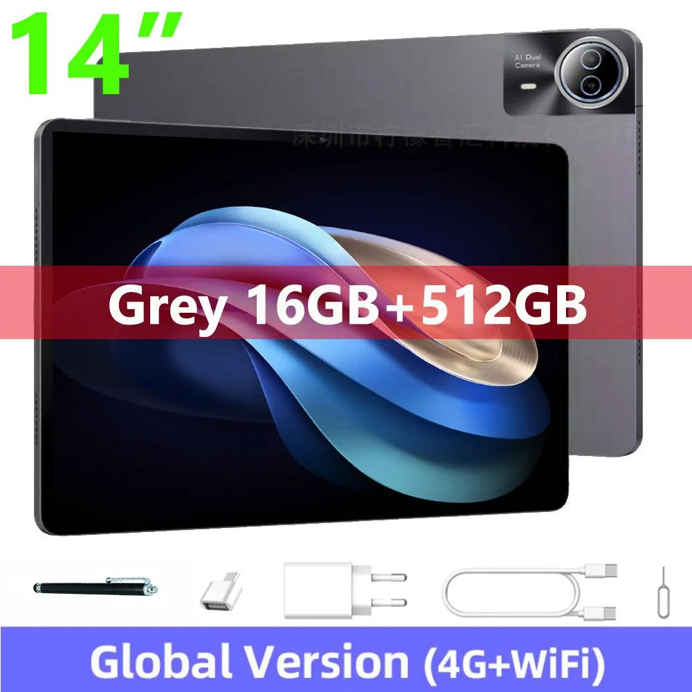Global Version 14 Inch Tablet PC Big Screen 1920x1200 IPS 16+512GB Tablet 14" Android 14 4G LTE Game Study PAD 12000mAH Battery