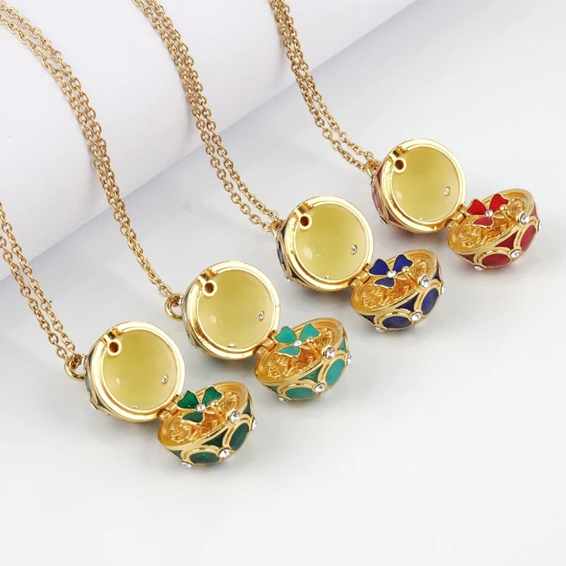 Enamel Handmade Faberge Easter Egg Pendant Necklace Jewelry Locket Brass Vintage Crystal Clover Inside Gift To Women Girls