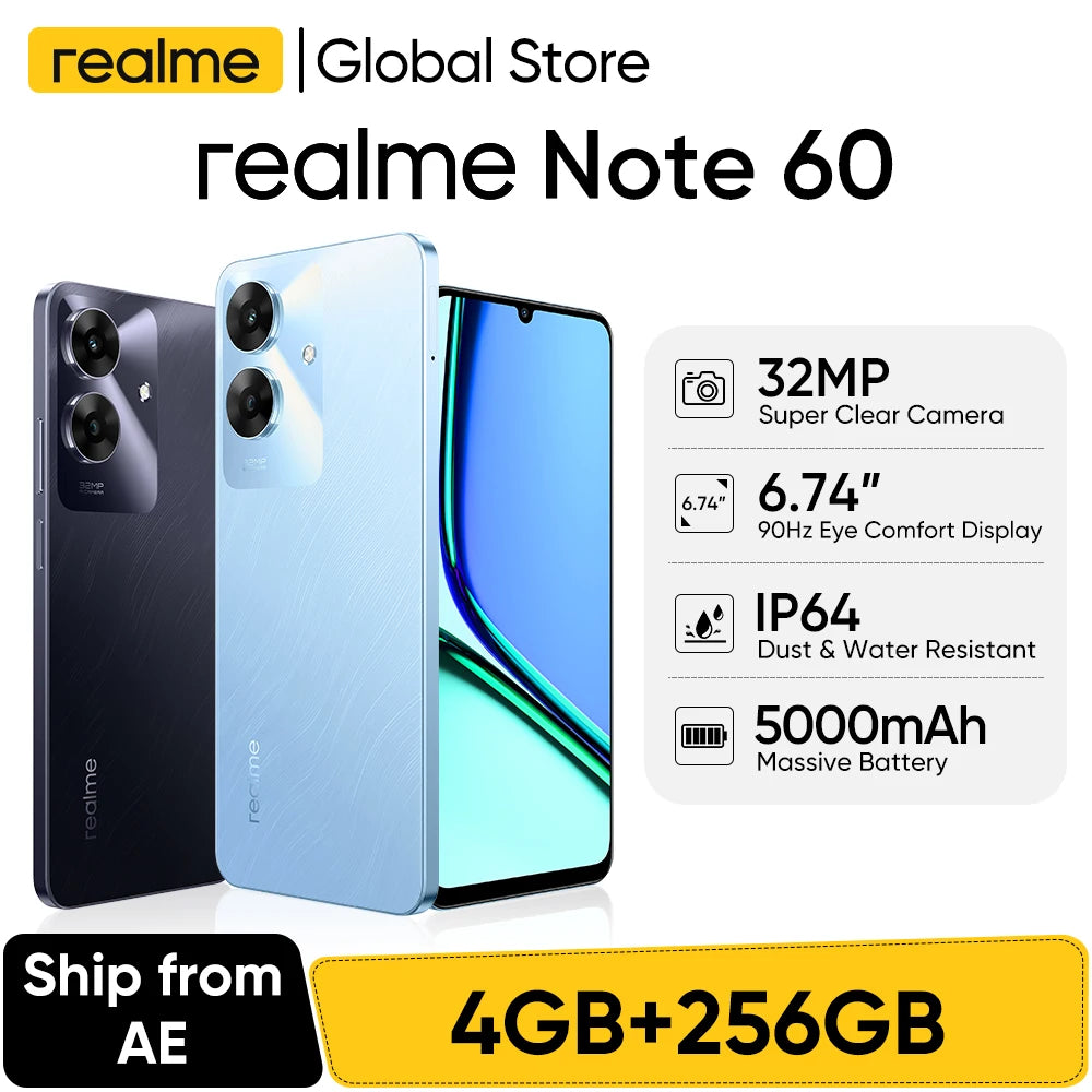 realme Note 60 4+256GB 6.74'' 90Hz Display Phone 32MP Clear Camera 5000mAh IP64 Waterproof Drop Resistant All-round Protection