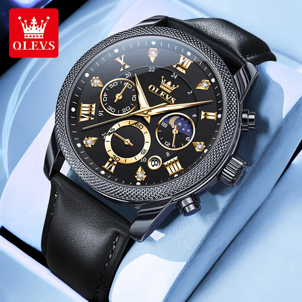 OLEVS 3660 Men's Watch Trendy Leather Strap Moon Phase Chronograph Luminous Waterproof Original Quartz Watch for Man Wristwatch