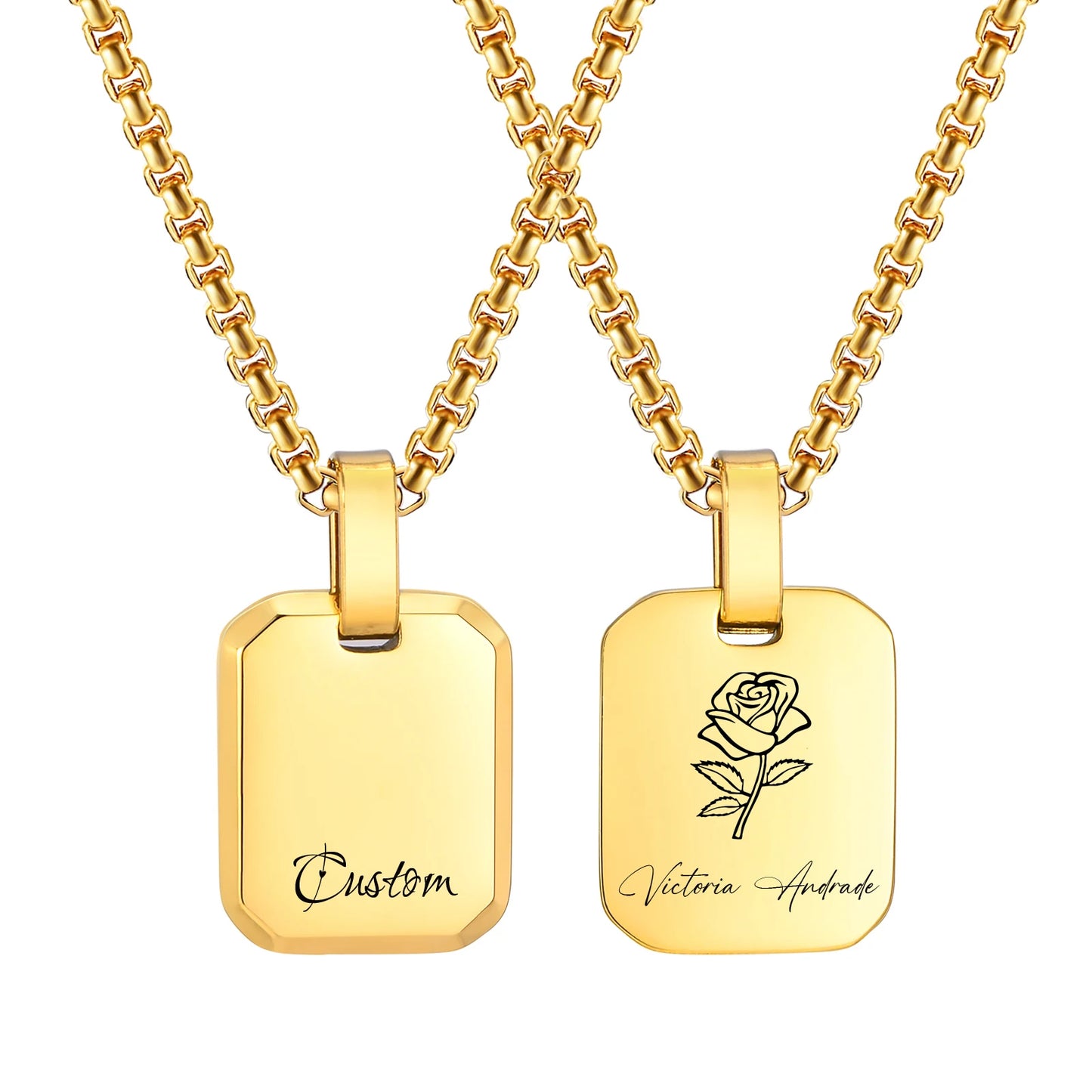 Engrave Square Necklace Personalized Tag ID Pendant, Stainless Steel Gold Plated Jewelry for Women Men Girl Christmas Birthday