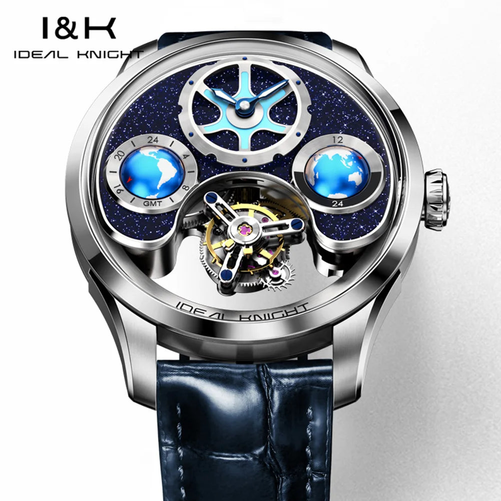 IDEAL KNIGHT 6808 Original Mechanical Watch For Men Top Brand 43mm Big Dial Flywheel Skeleton Hand Clock Business Man Watch Set
