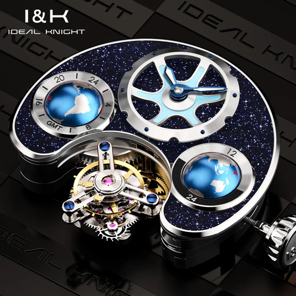 IDEAL KNIGHT 6808 Original Mechanical Watch For Men Top Brand 43mm Big Dial Flywheel Skeleton Hand Clock Business Man Watch Set