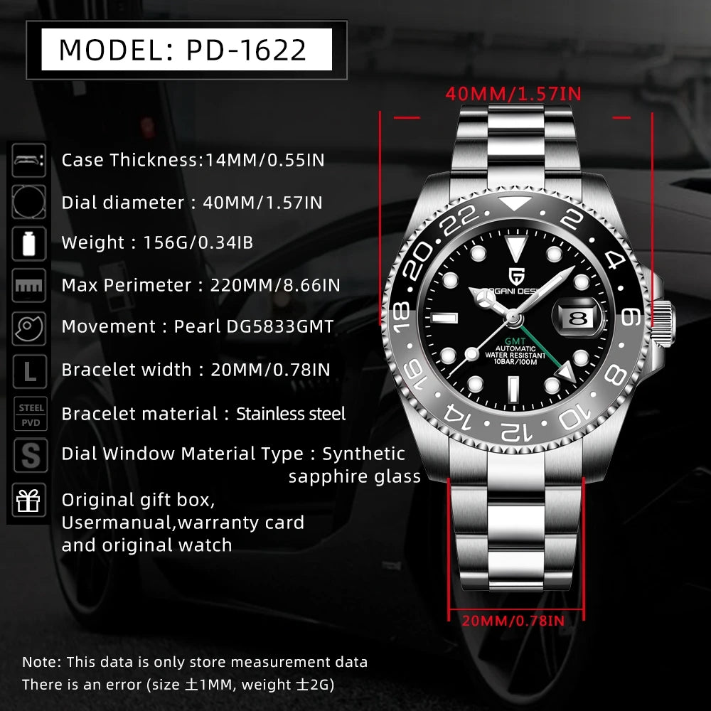 PAGANI DESIGN 2024 40MM GMT Mechanical Wristwatch Sapphire Ceramic Bezel Automatic Watch Stainless Steel 100M Waterproof Watch
