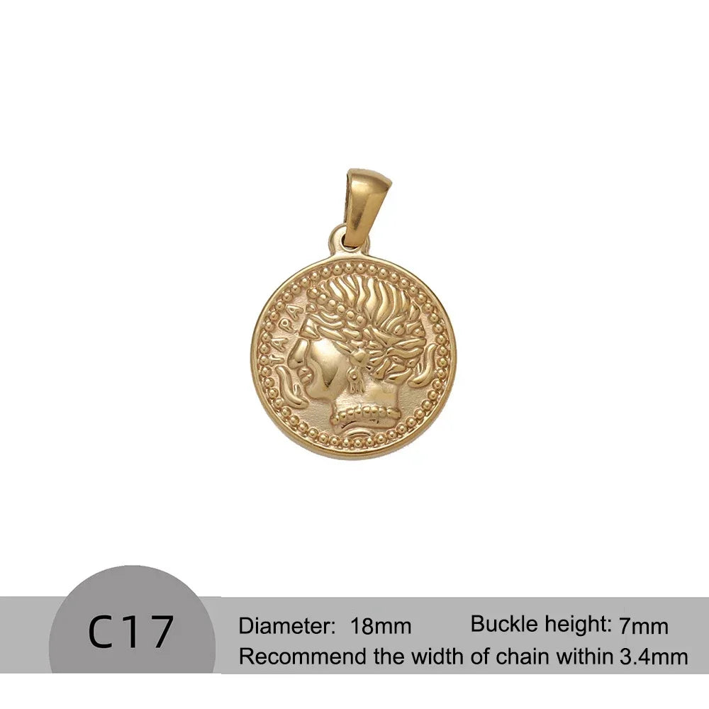 RHYOSNG Vintage Jewelery Stainless Steel 18K PVD Plated Golden Charm Round Portrait Key Moon Only Pendant For Women DIY Necklace