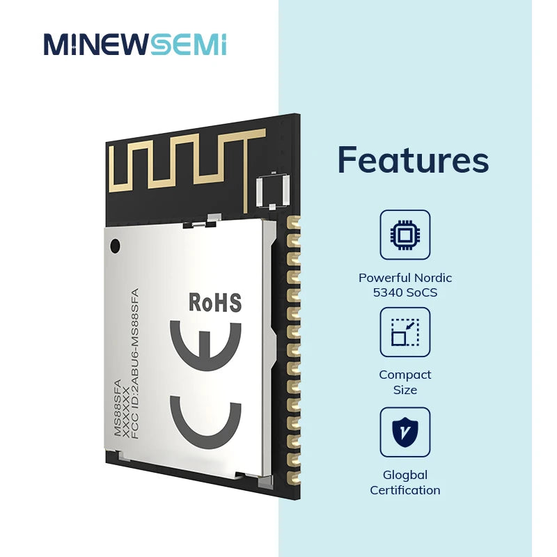 MS88SFA nRF52833 Module 29 GPIO 600 M Long Rang -96dBm to 4.9 mA Low Power Built-in PA/LNA PCB Antenna