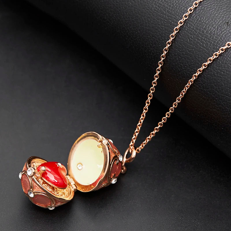 Enamel Handmade Faberge Easter Egg Pendant Necklace Jewelry Locket Brass Vintage Crystal Clover Inside Gift To Women Girls