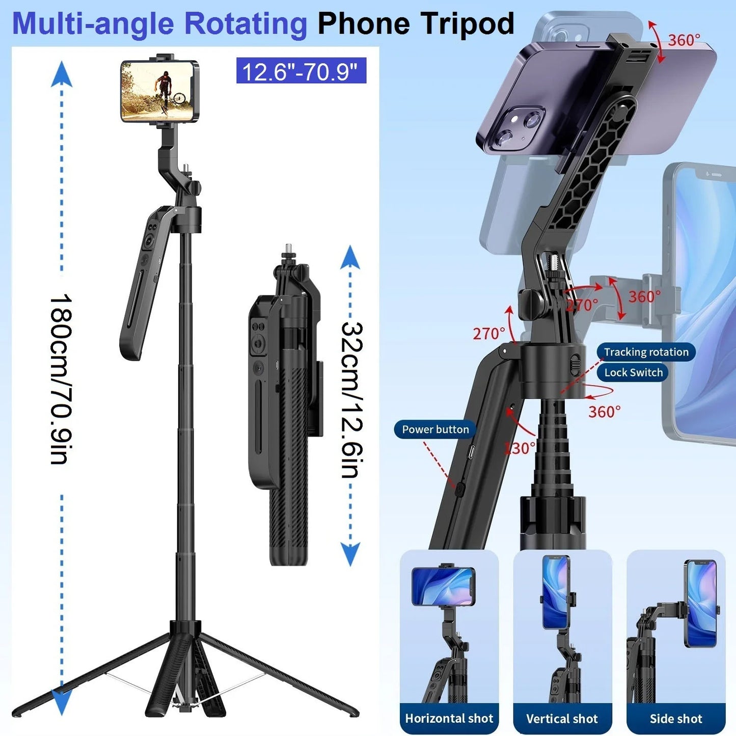 Auto Face Tracking Tripod 360° Rotation, 71" Extendable Phone Tripod Selfie Stick Smart Tracking Phone Holder for iPhone Videos