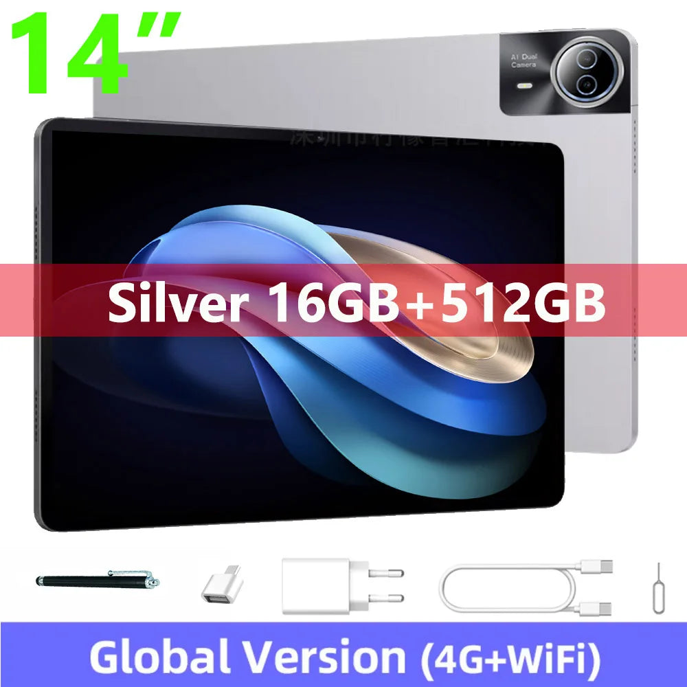Global Version 14 Inch Tablet PC Big Screen 1920x1200 IPS 16+512GB Tablet 14" Android 14 4G LTE Game Study PAD 12000mAH Battery