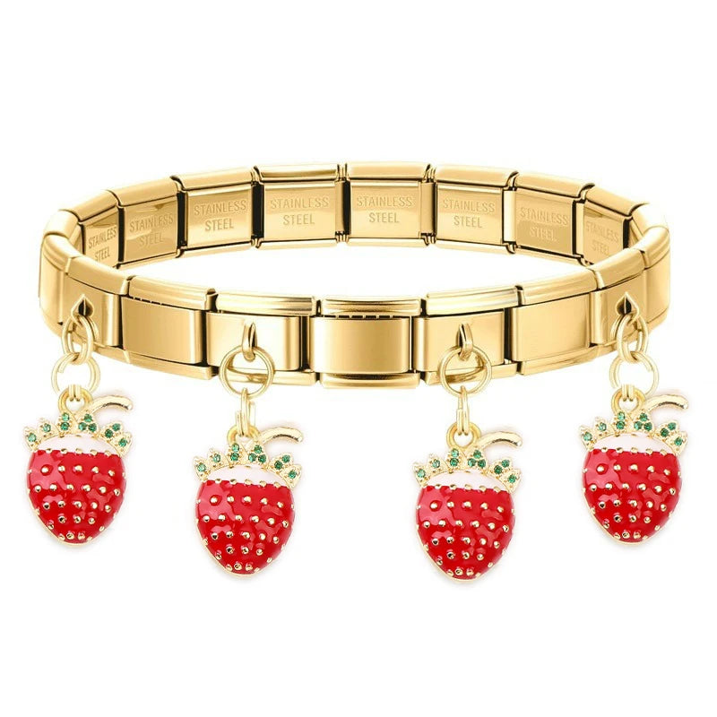 Geometric Square Stainless Steel Elastic Strap Bangle Bracelets for Women Strawberry Cherry Pendant Bracelets Hand Jewelry Gift