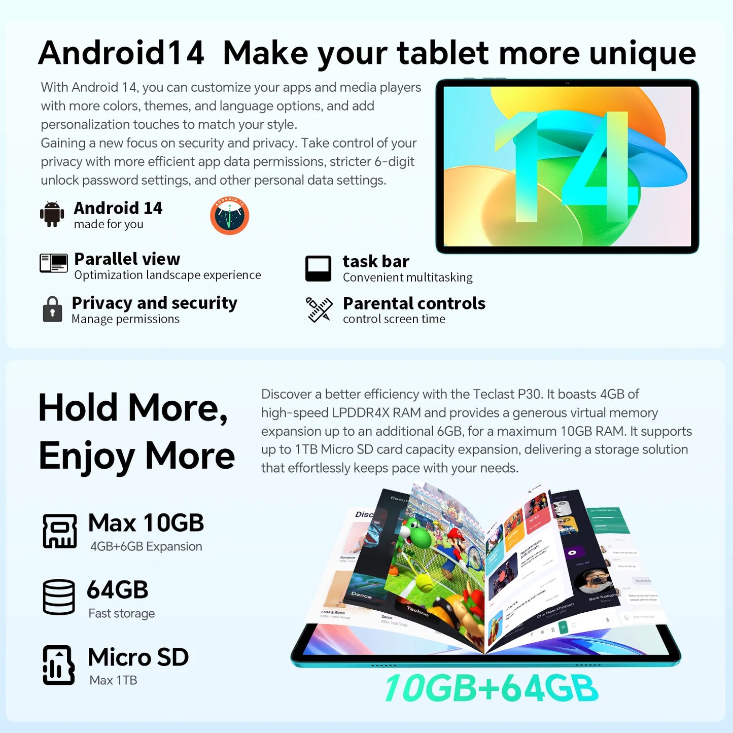 Teclast P30 Android 14 Tablet 10.1 inch IPS A523 Octa-core Max 10GB RAM 64GB ROM Tablets PC 3.5mm Jack TÜV Rheinland Certified