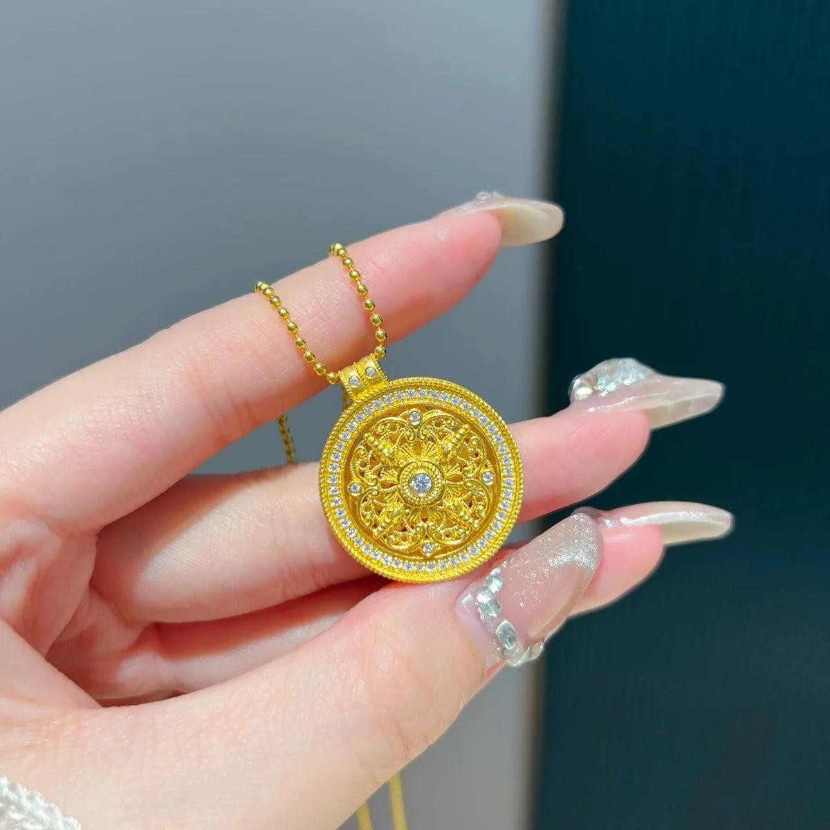 9999 24K real gold rotatable four-sided blessing diamond inlaid eight treasure compass necklace ancient Chinese women's jewelry