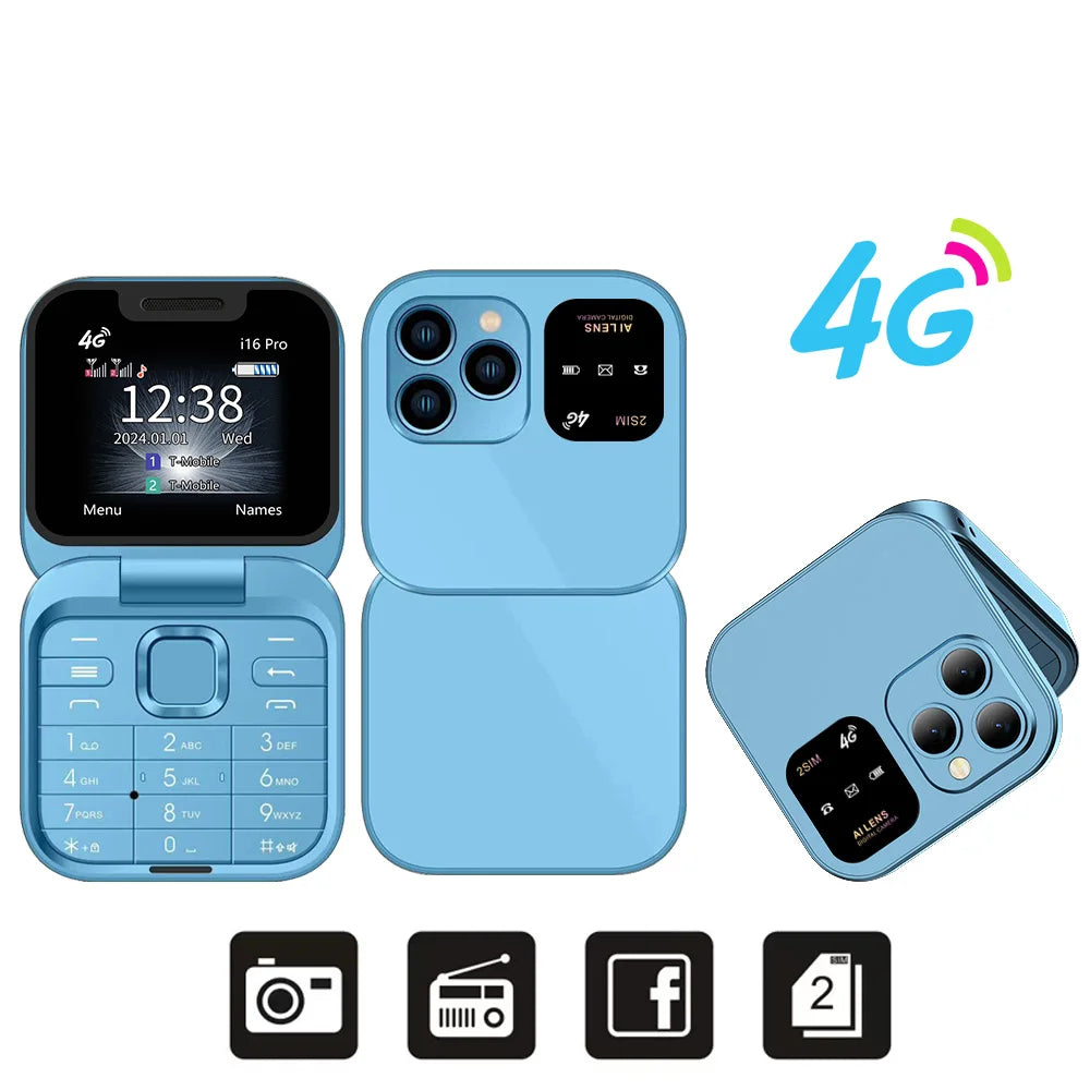 SERVO i16 Pro 2G GSM/4G LTE Network Small Flip Mobile Phone 2 SIM Standby Call Recording Speed Dial 1.77" Mini Folding Cellphone