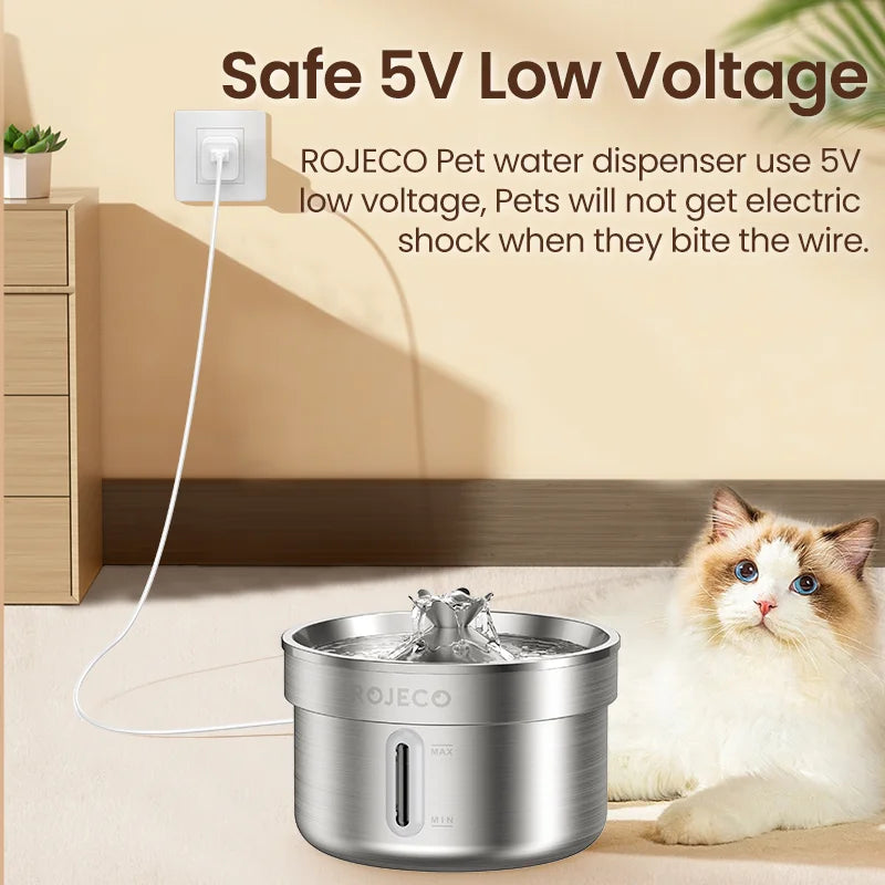 ROJECO Stainless Steel Pet Drinking Fountain Auto Cat Water Fountain Smart Pet Water Dispenser with Pump for Dog Cat Drink Bowl
