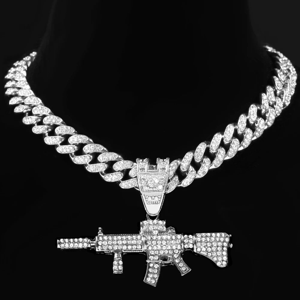 Men Women 14MM Cuban Chain AK47 Gun Pendant Necklace Iced Out AAA Rhinestone Prong Miami Cuban Link Chain Hip Hop Jewelry Gifts